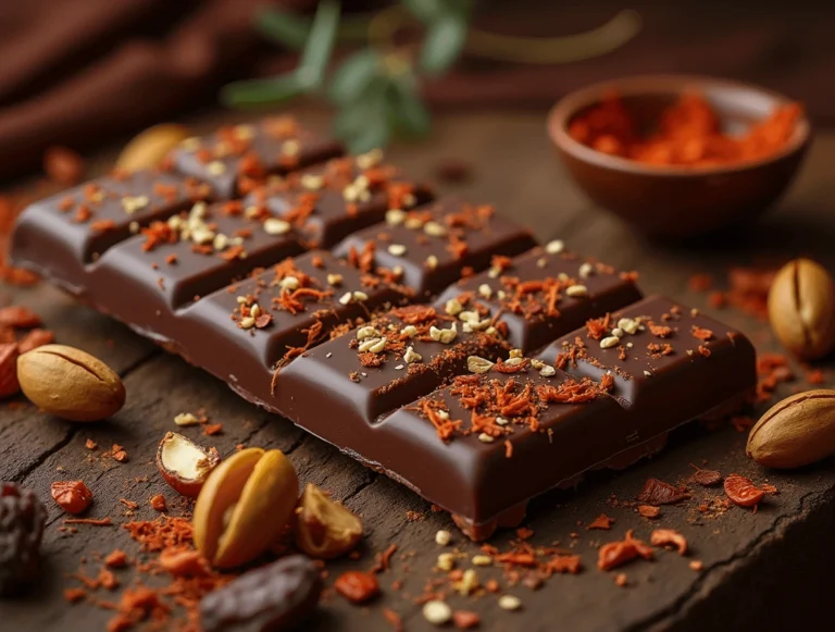 Dubai chocolate bar made with saffron, cardamom, pistachios, and dates in a mold.