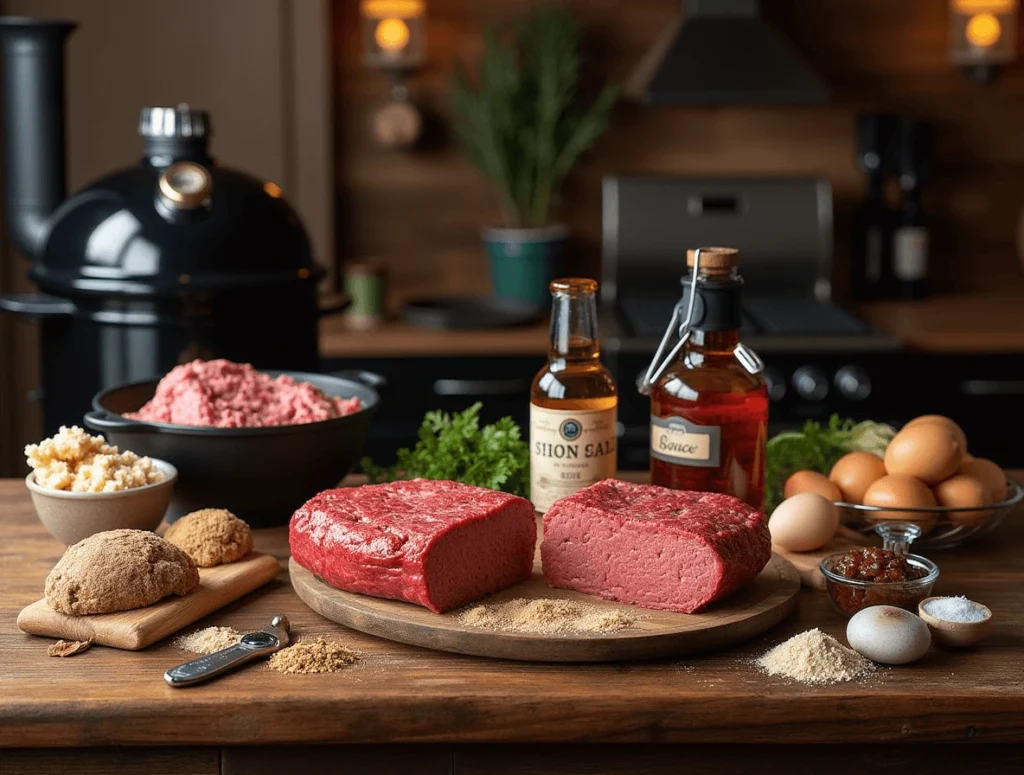 Essential ingredients and grilling tools for making smoked meatloaf, including ground meat, breadcrumbs, spices, and a pellet grill.