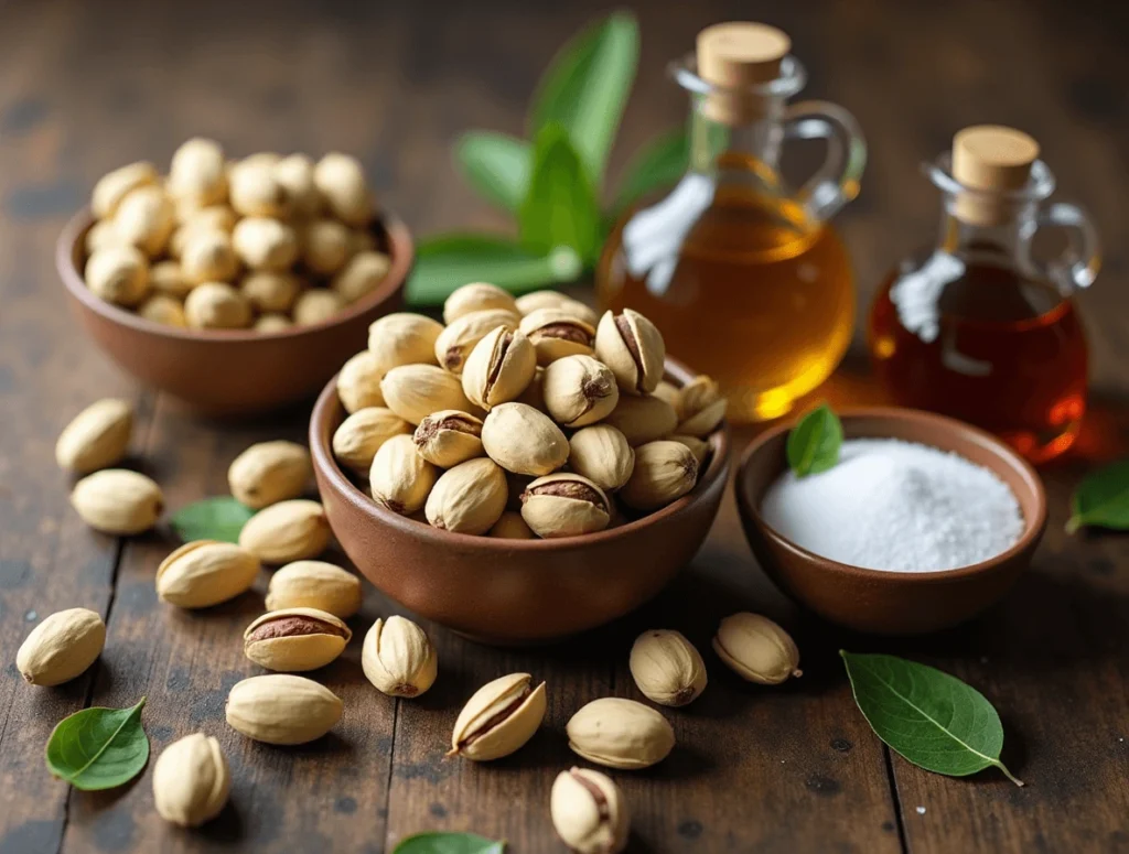 Essential ingredients for making pistachio cream, including pistachios, sweeteners, and oils.