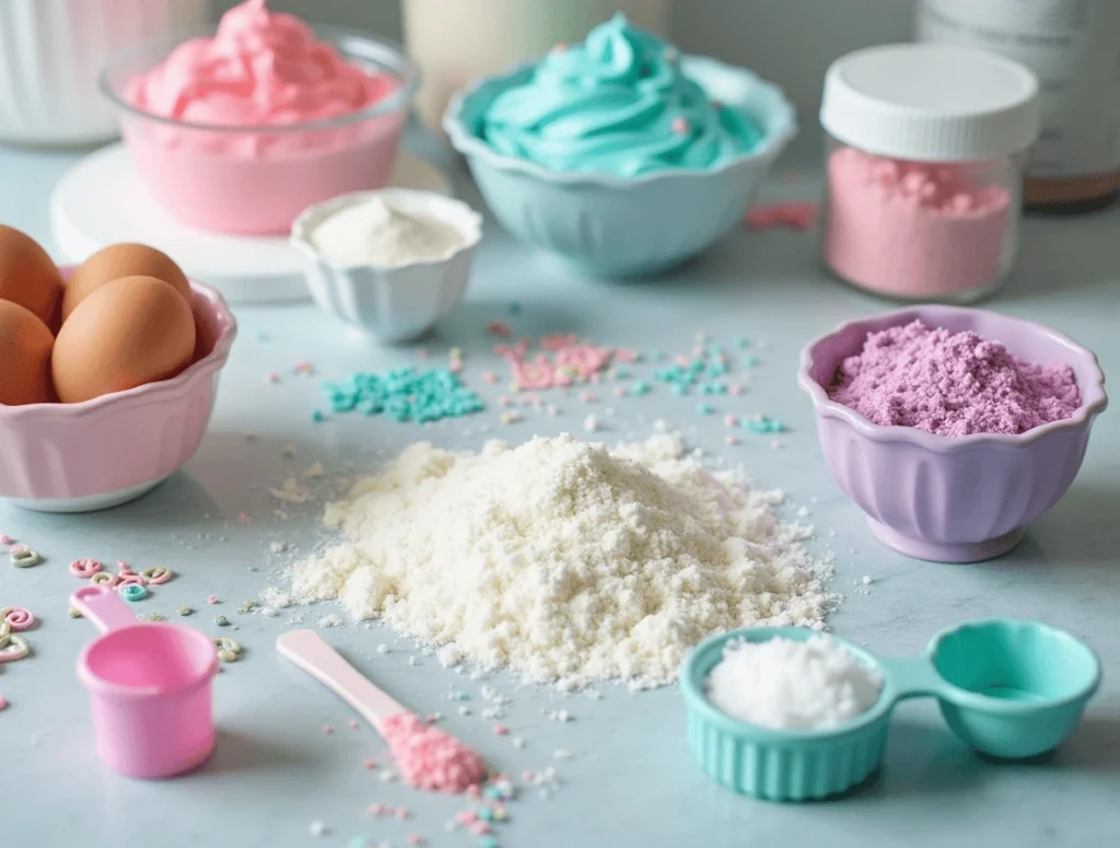 Essential ingredients for unicorn cake including pastel-colored cake flour, butter, eggs, sugar, food coloring, and edible glitter.