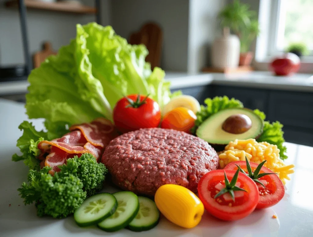 Essential ingredients for a perfect burger bowl: fresh vegetables, protein, toppings, and dressing