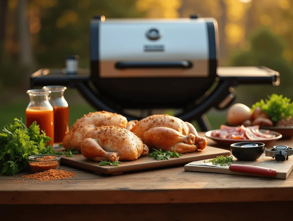 Essential tools and ingredients for making perfect Traeger chicken, including raw chicken, spices, wood pellets, and a meat thermometer.