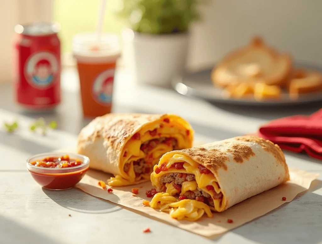 A delicious Wendy's Breakfast Burrito on a plate, unwrapped to show scrambled eggs, sausage, cheddar cheese, and a warm tortilla.