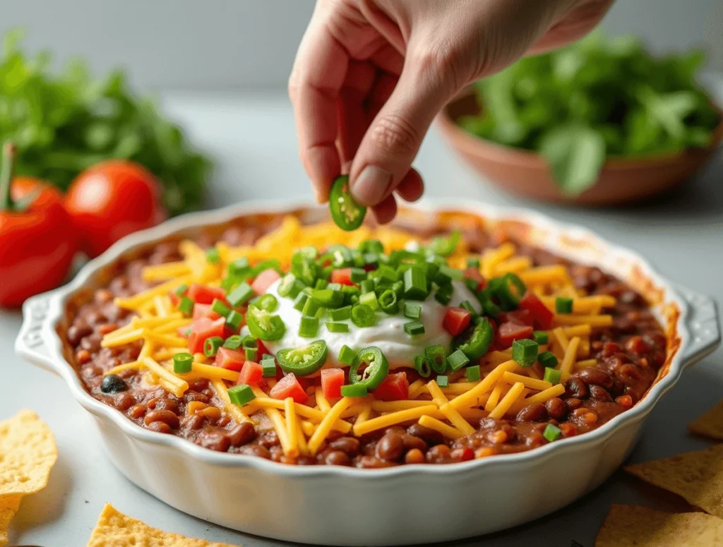 Finishing layered taco dip with optional toppings like diced tomatoes, green onions, and jalapeños.