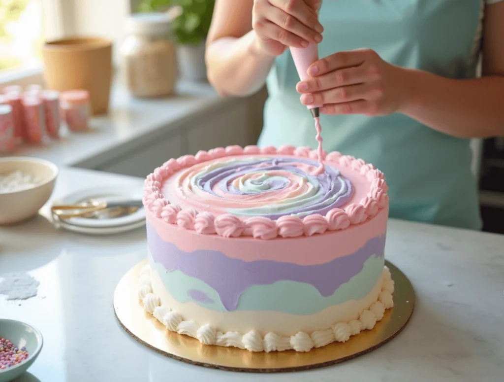 Applying colorful buttercream frosting to the unicorn cake layers, with a spatula smoothing the frosting.