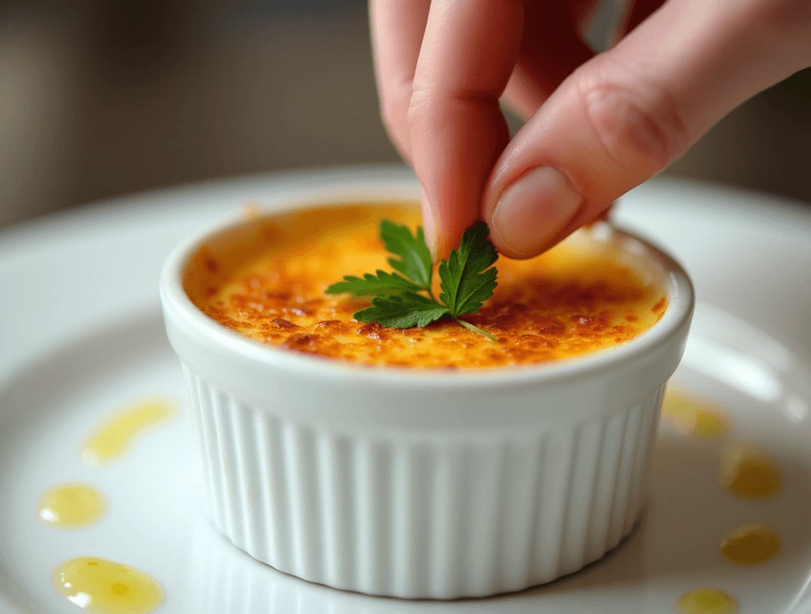 Garnishing Crab Brule with fresh herbs for an elegant, gourmet presentation.