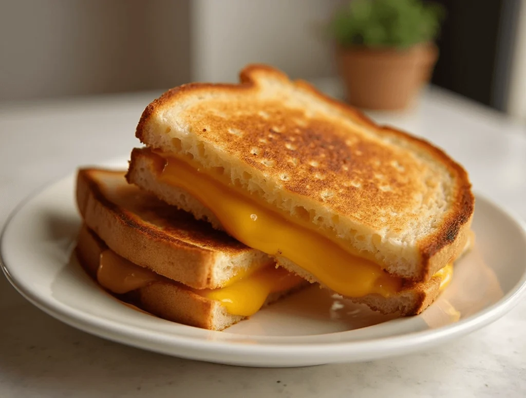 Golden and crispy grilled cheese sandwich with melted cheese oozing from the inside.