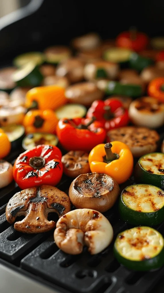 Grilled veggie medley featuring colorful bell peppers, zucchini, mushrooms, and onions on the grill.