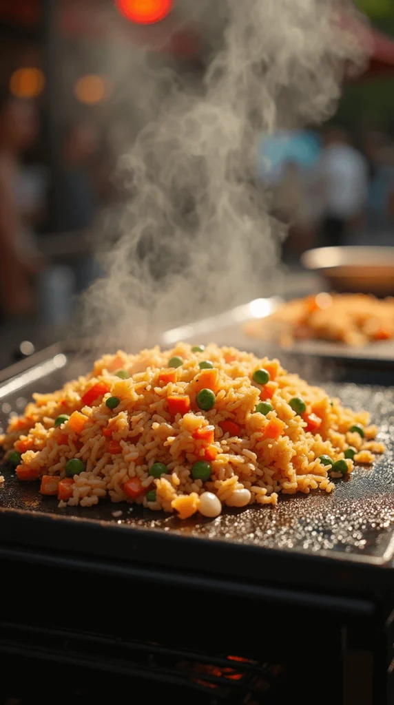 A plate of delicious Hibachi Fried Rice with vegetables and crispy texture, cooked on a Blackstone griddle.