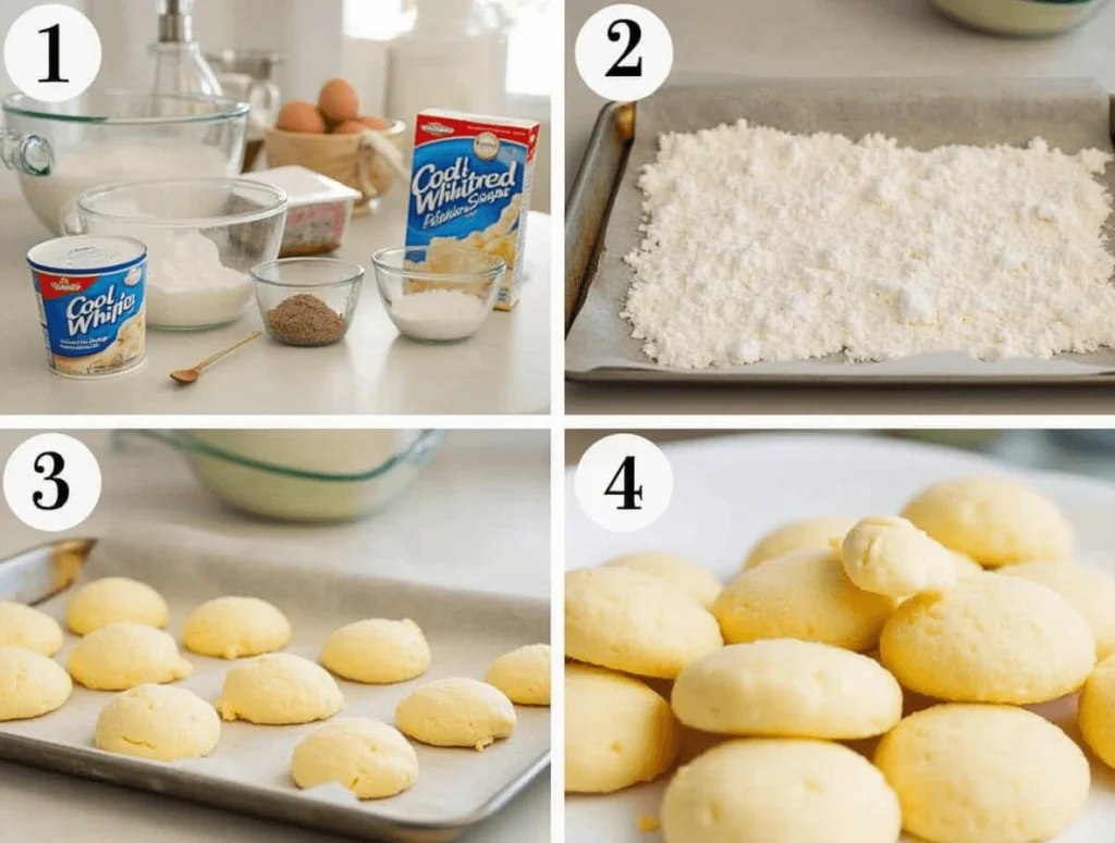 Step-by-step process of making Cool Whip Cookies with dough and powdered sugar coating.