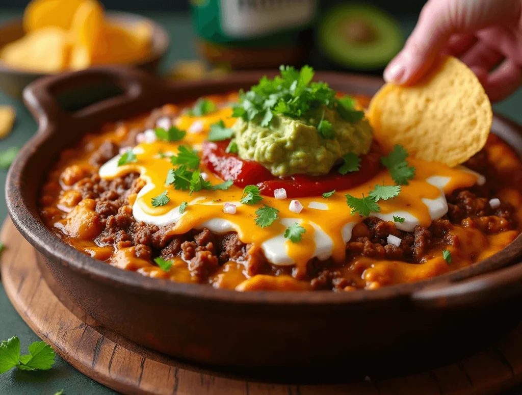 Step-by-step process of making taco dip with ground beef: cooking ground beef, layering ingredients, and adding toppings.