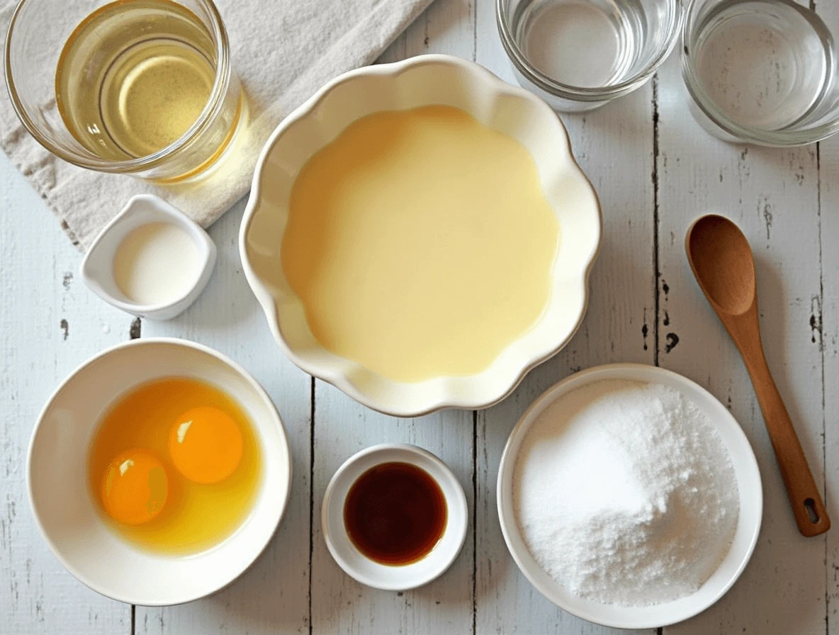 Ingredients for creamy homemade flan: eggs, sweetened condensed milk, evaporated milk, sugar, and vanilla extract.