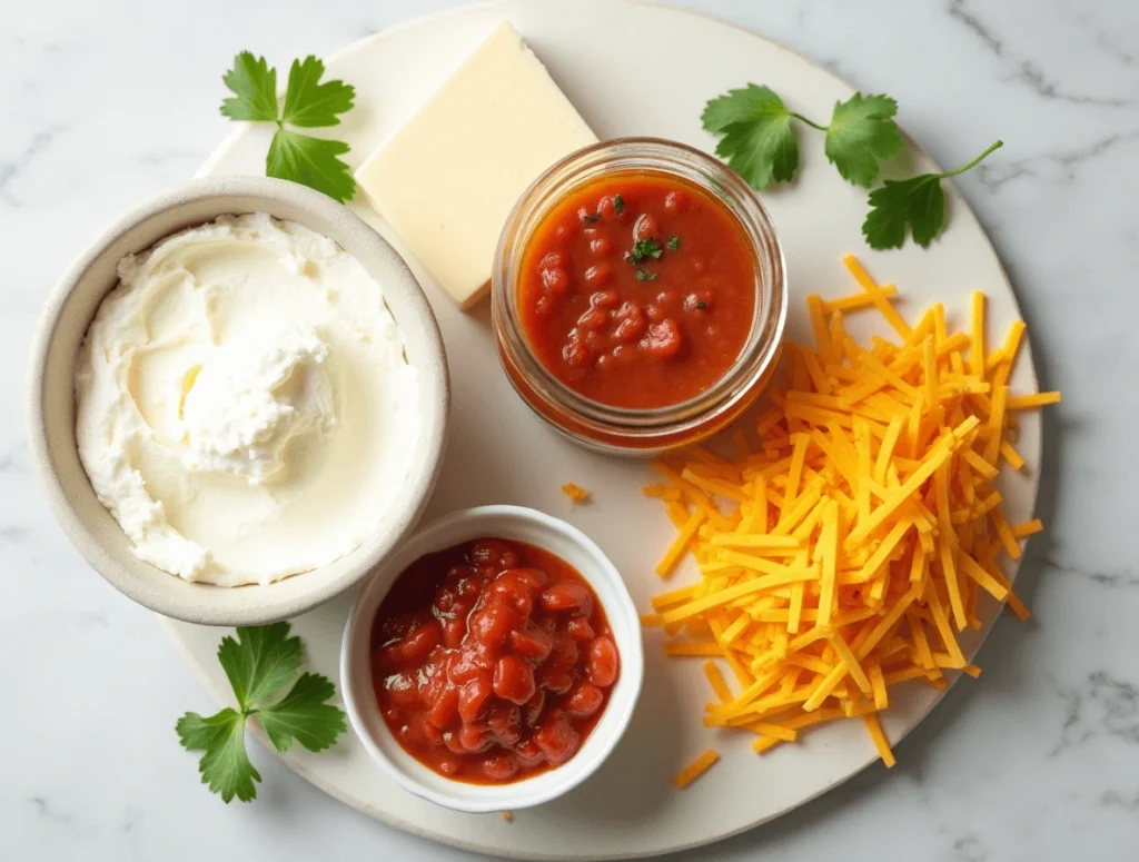 3-ingredients for taco dip: cream cheese block, jar of salsa, and shredded Mexican cheese blend on a white marble surface