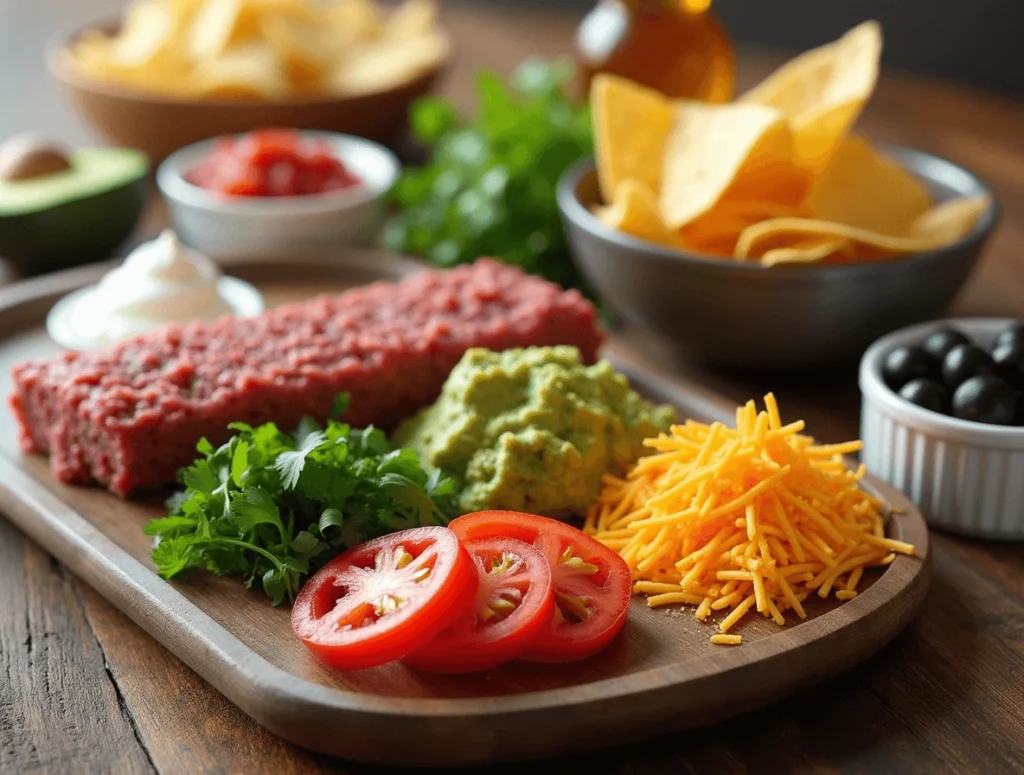 Ingredients for taco dip with ground beef: ground beef, taco seasoning, cheddar cheese, sour cream, salsa, and guacamole.