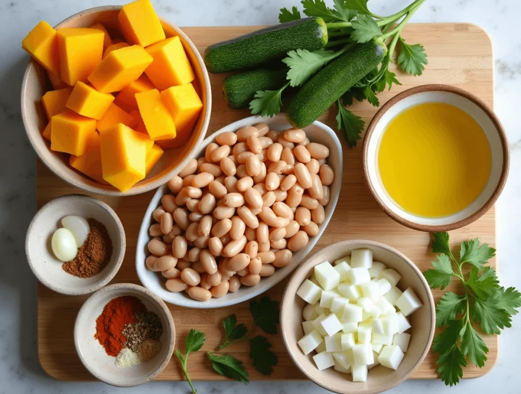 Ingredients for a squash and kidney beans recipe, including fresh squash, kidney beans, onions, garlic, olive oil, and spices arranged on a wooden surface.