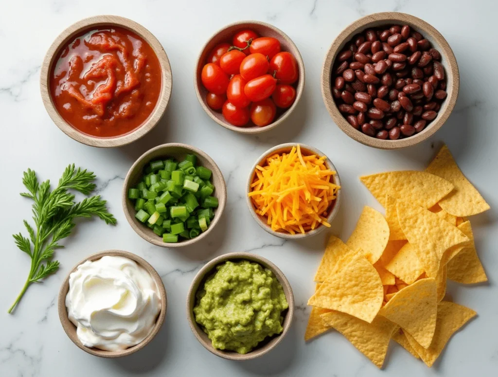 Ingredients for layered taco dip including refried beans, sour cream, guacamole, salsa, shredded cheese, diced tomatoes, and green onions.