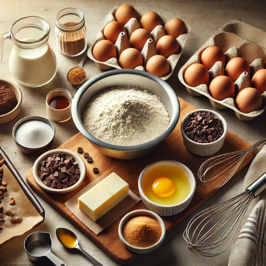 Ingredients for easy caramel brownies including flour, sugar, cocoa powder, caramel sauce, and chocolate chips.