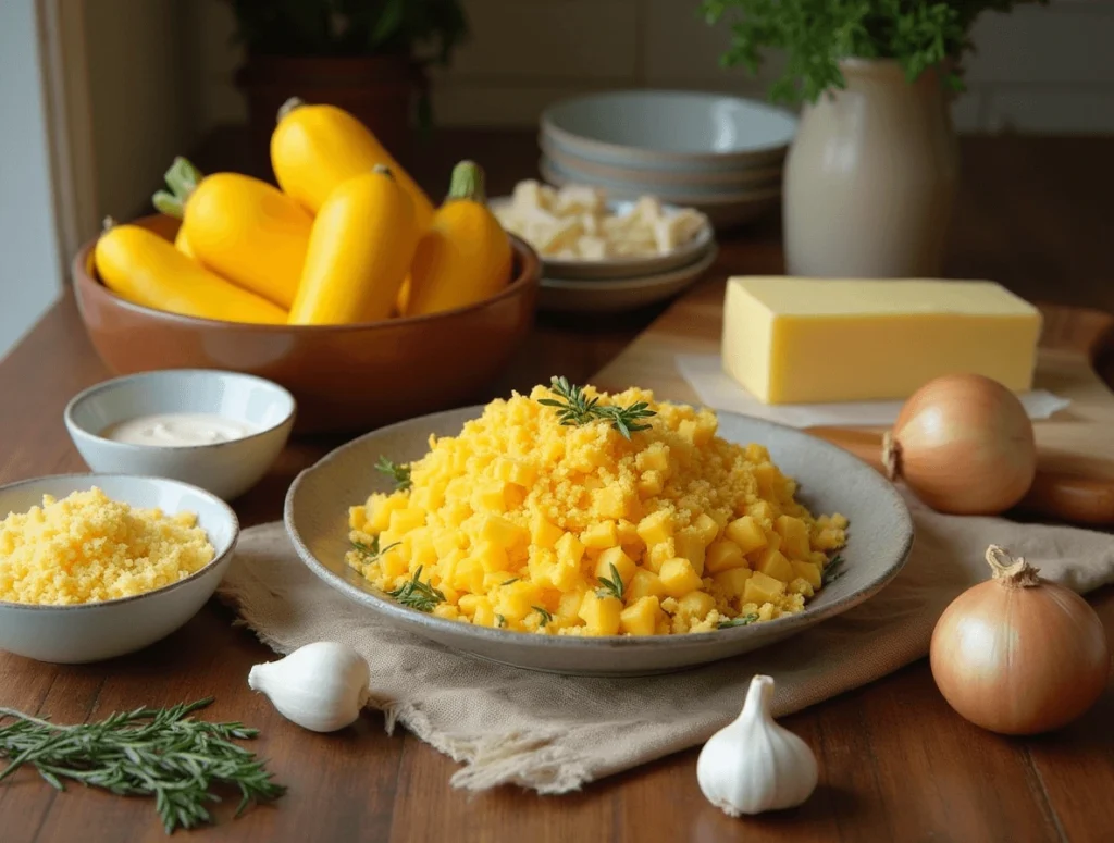 A colorful display of ingredients for the perfect squash casserole, including sliced yellow squash, shredded cheese, breadcrumbs, butter, and fresh herbs.