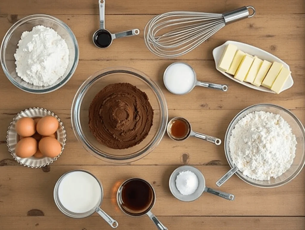 Ingredients for the perfect Texas sheet cake, including cocoa powder, buttermilk, flour, eggs, and sugar.