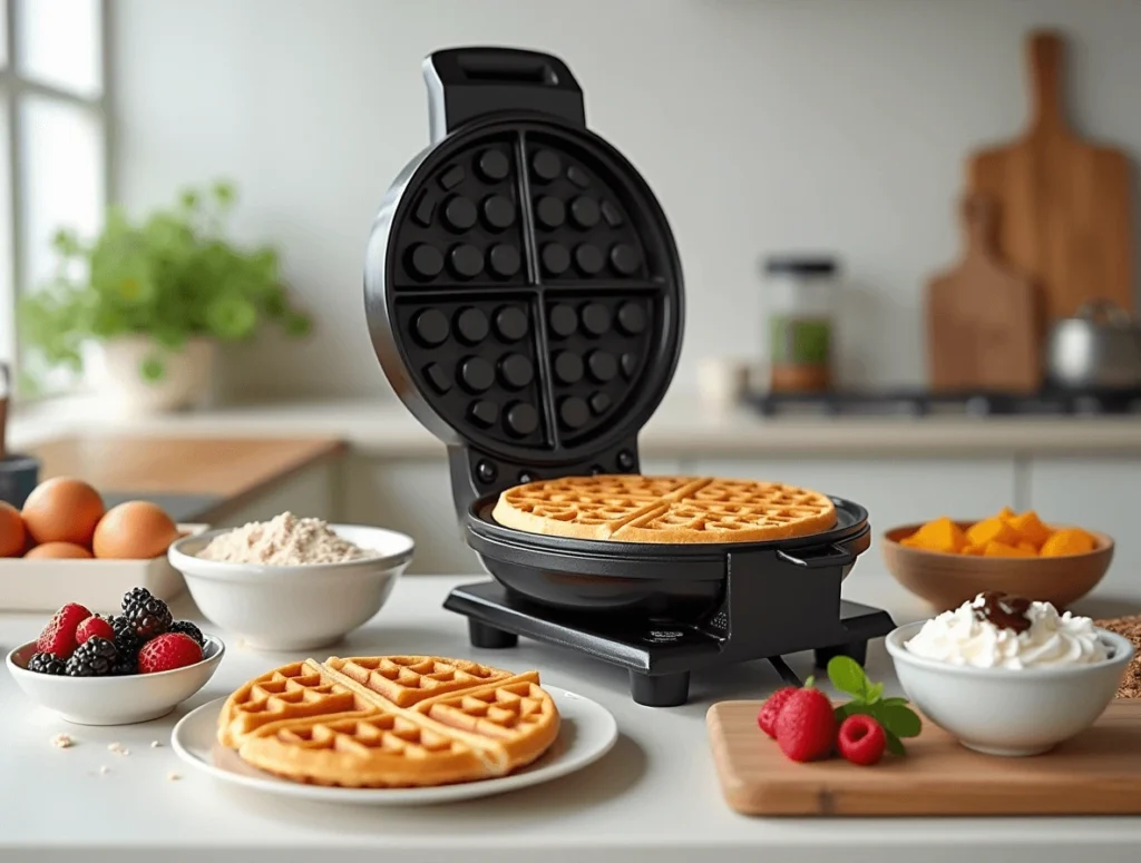 Essential tools and ingredients for making bubble waffles, including a waffle maker, batter ingredients, and toppings.