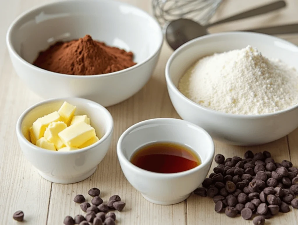 Key ingredients for cheesecake brownies including cocoa powder, cream cheese, eggs, sugar, butter, and vanilla extract arranged on a kitchen counter