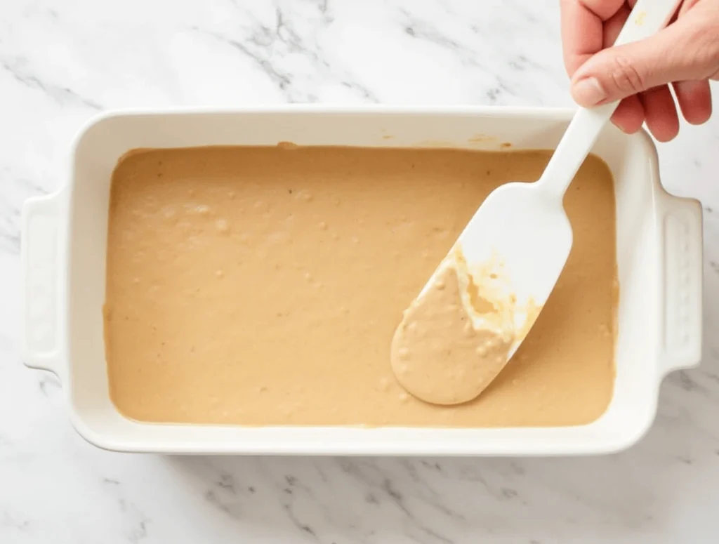 Layer of refried beans spread evenly as the base for layered taco dip.