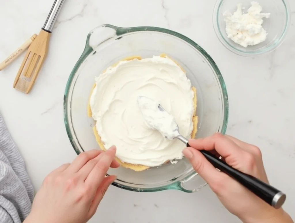 Cream cheese being spread as the first layer in a clear glass dish for a 3-ingredient taco dip, with salsa and shredded cheese nearby