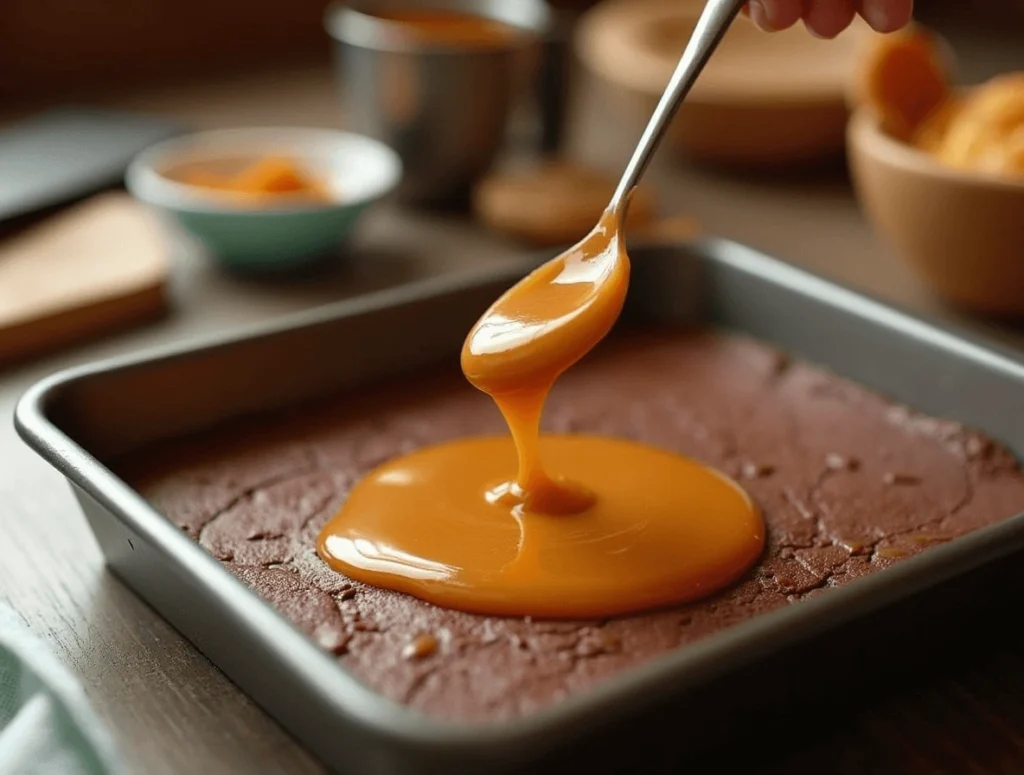 Layering caramel sauce over brownie batter in a baking pan for caramel brownies.