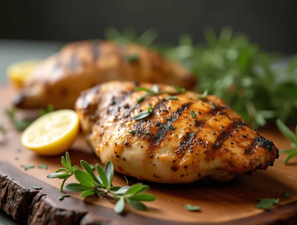 Lemon herb grilled chicken served on a plate with fresh lemon slices and sprigs of rosemary.