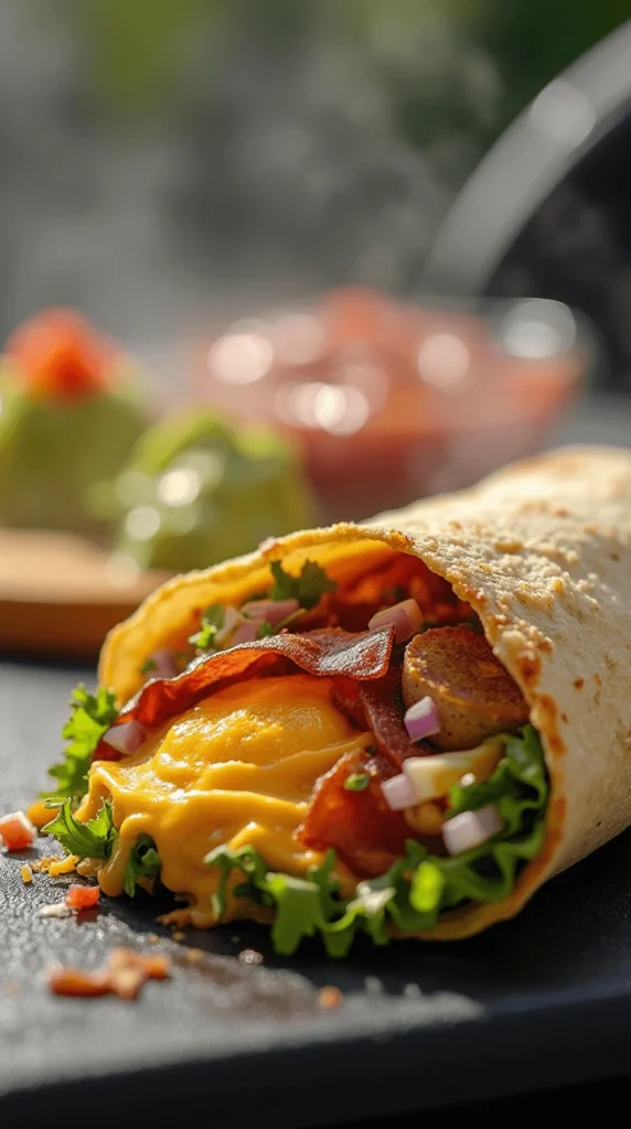 Loaded breakfast burritos filled with scrambled eggs, bacon, cheese, and vegetables wrapped in a soft tortilla.