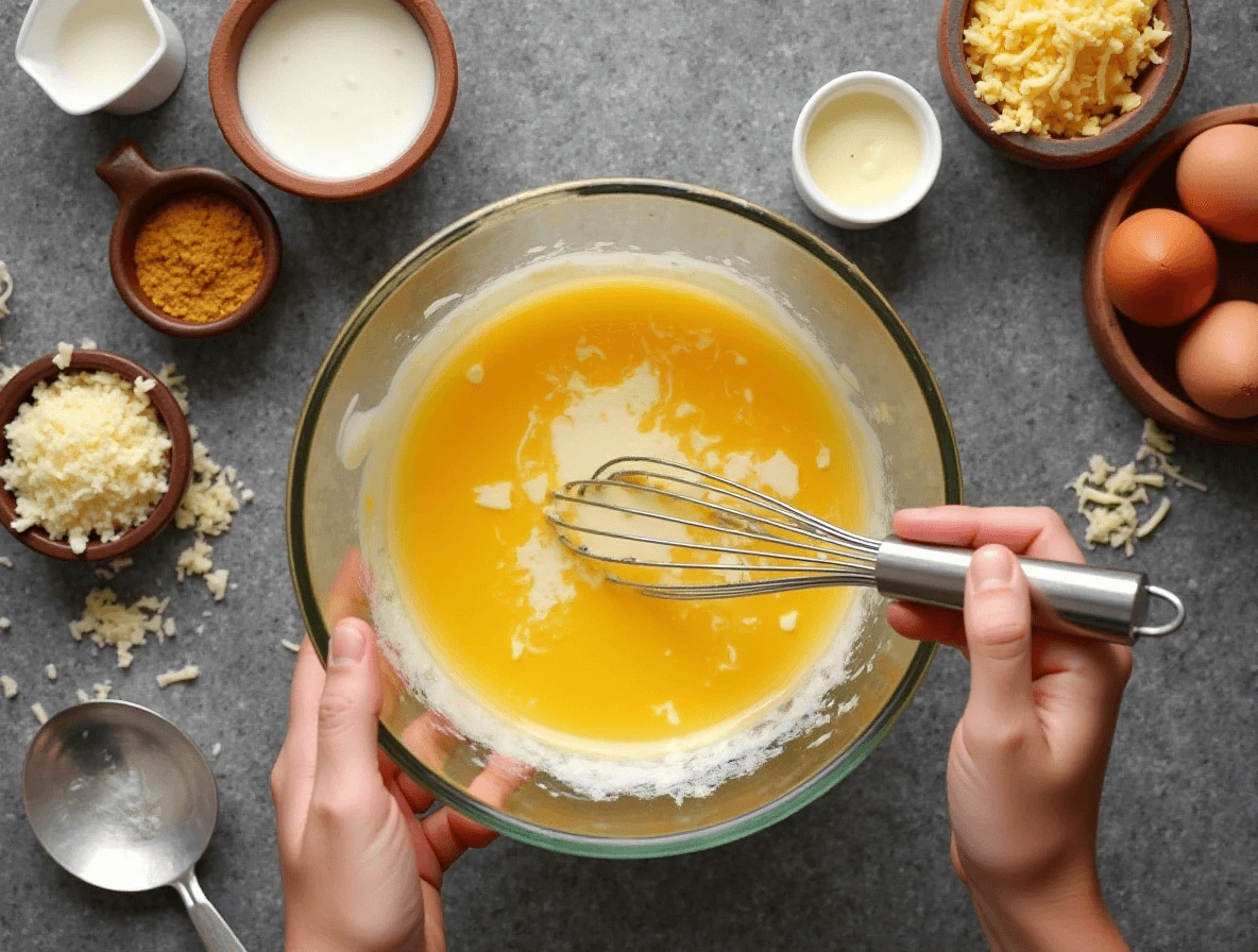 Mixing egg yolks, heavy cream, and cheese to create the custard base for Crab Brule.