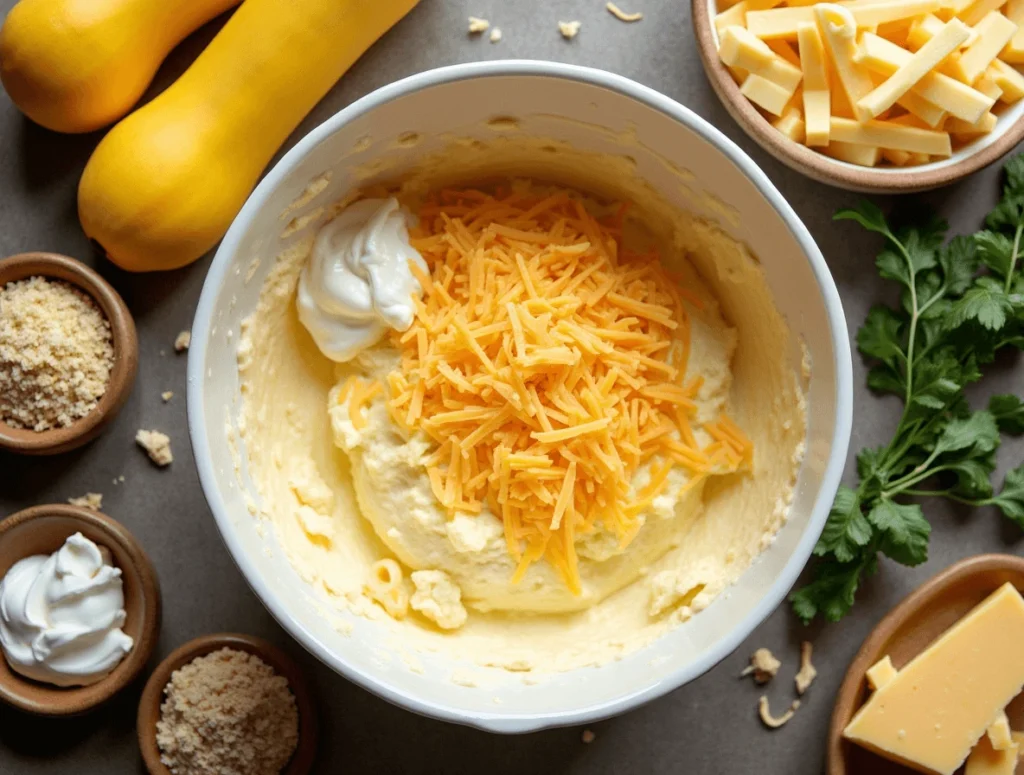 Mixing a creamy casserole base with cheese, butter, and cream in a bowl surrounded by squash slices and breadcrumbs on a countertop.