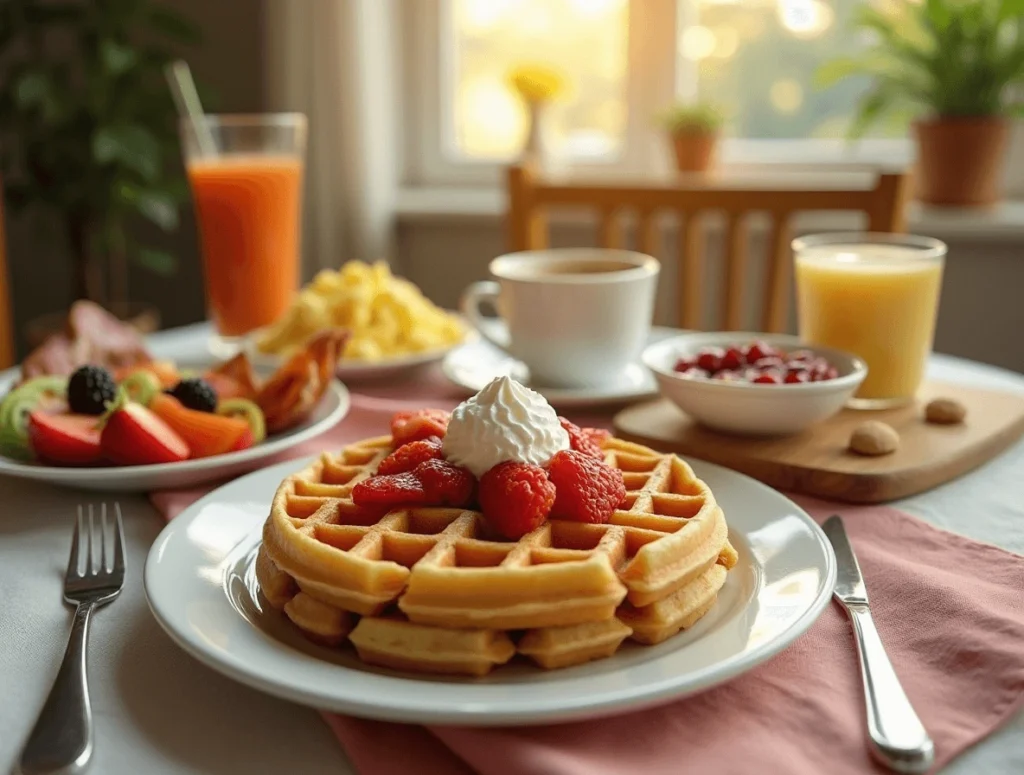 Plate of frozen waffles with fruit, bacon, scrambled eggs, coffee, and smoothie