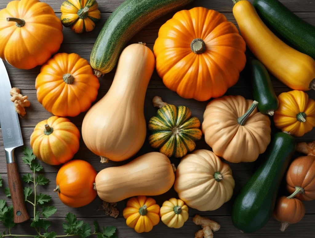 An assortment of popular squash varieties, including butternut, acorn, and zucchini, displayed on a wooden table.