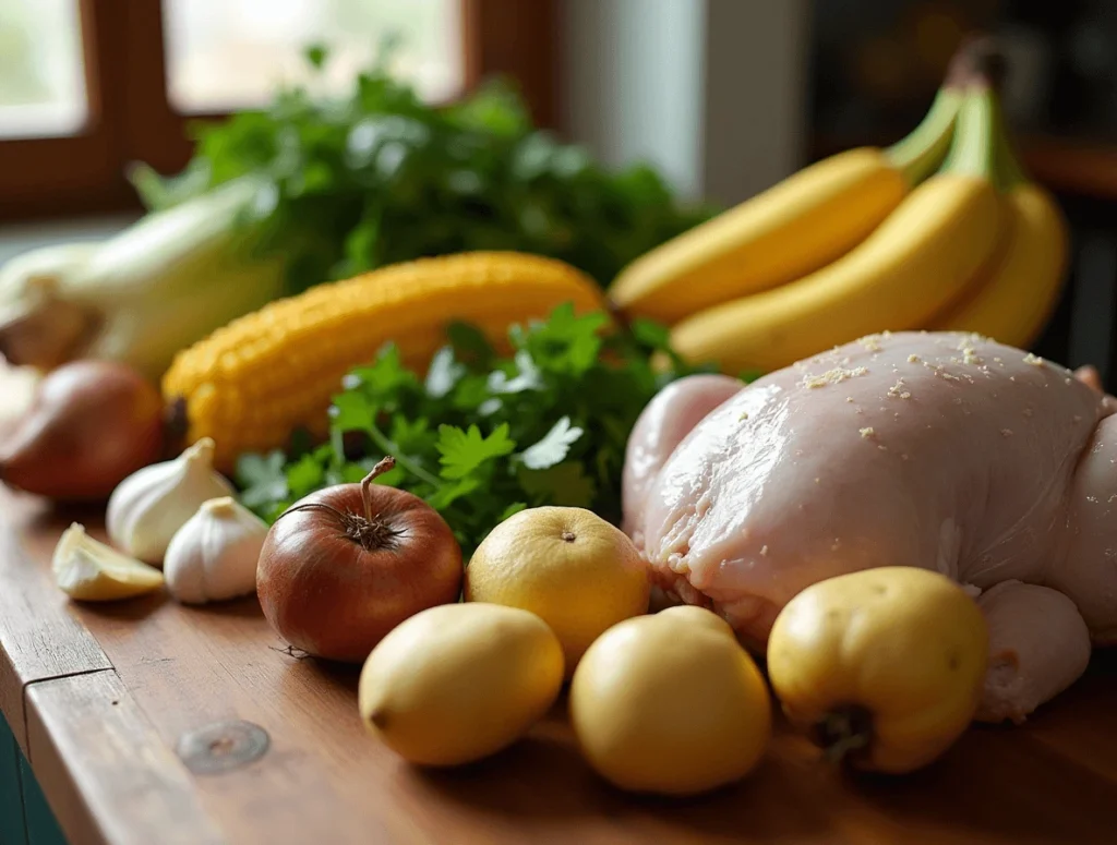 Preparation of Caldo de Pollo Colombiano with chopped vegetables like potatoes, yucca, and plantains alongside seasoned chicken ready for cooking.