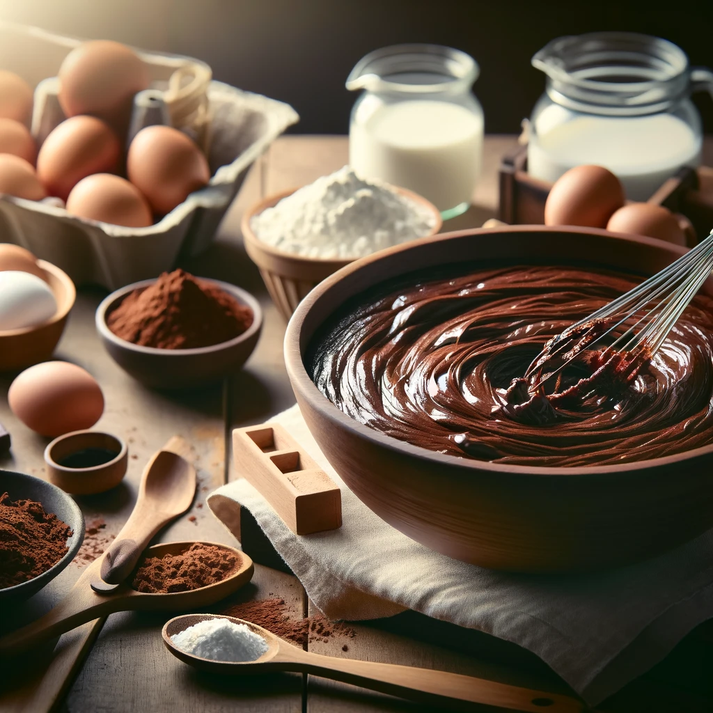 Mixing ingredients to prepare the batter for caramel brownies in a bowl.