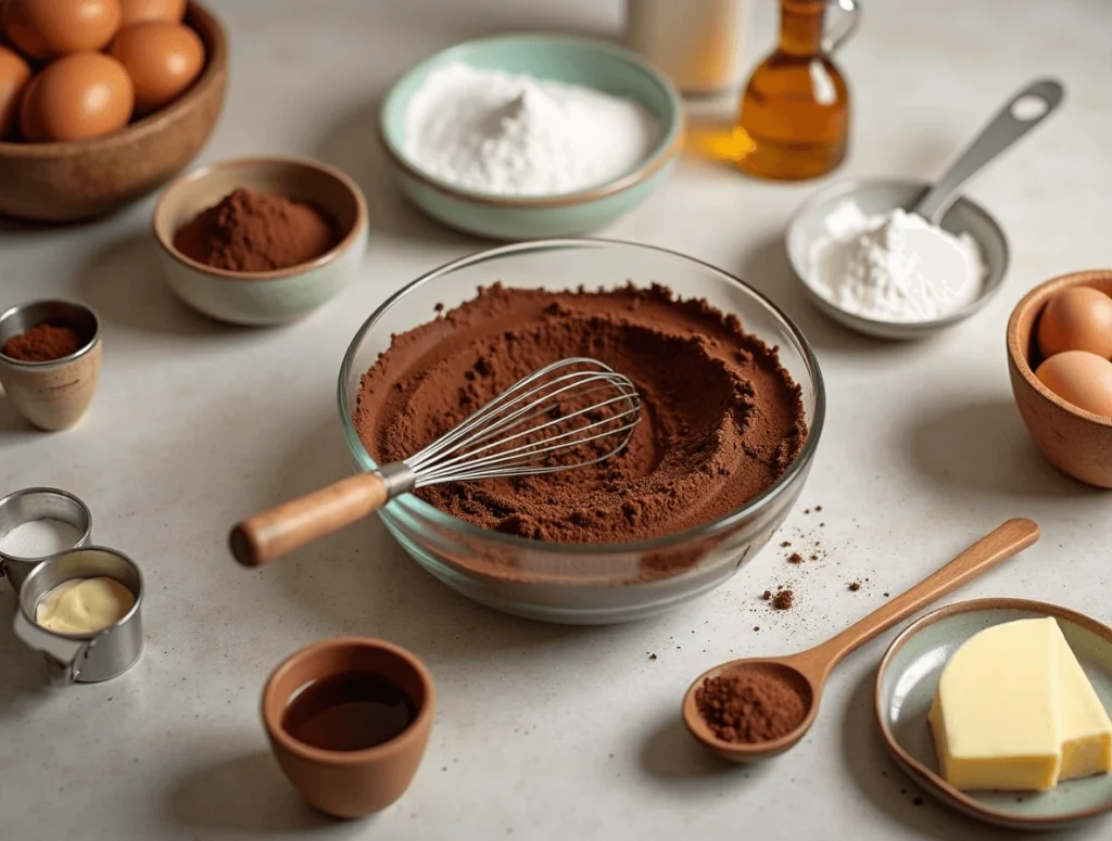 A mixing bowl with rich brownie batter, a whisk, and cocoa powder on a wooden counter ready for the first layer of cheesecake brownies.