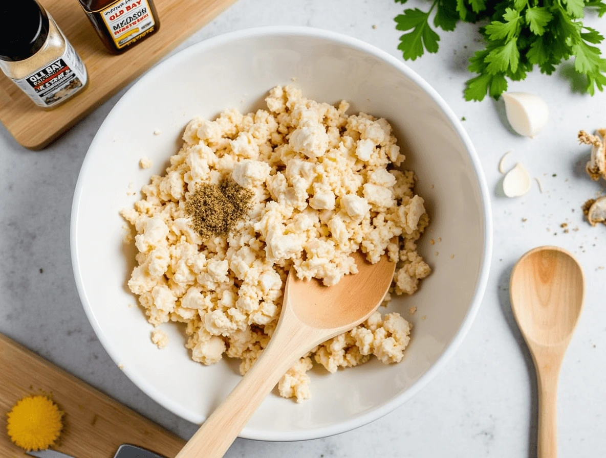 Shredding fresh crab meat and seasoning it with seafood spices for Crab Brule.