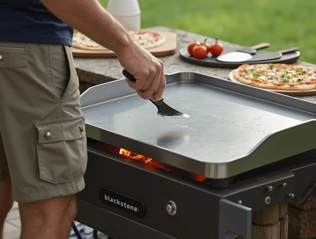 Preparing the Blackstone griddle for cooking pizza, showing the griddle preheated and ready for use.