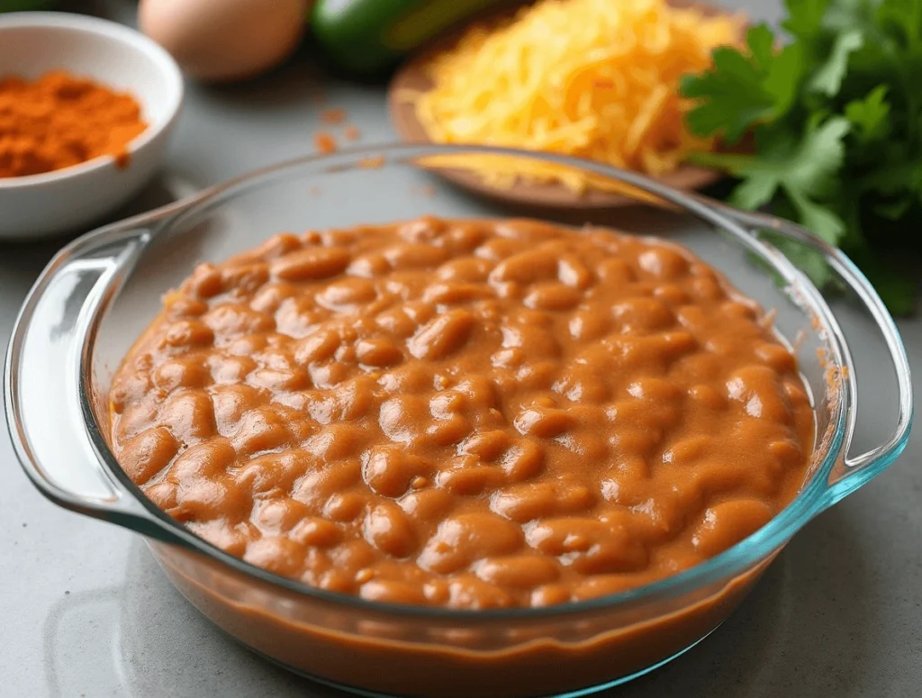 Step-by-step process of preparing the layers for a taco dip, starting with refried beans, followed by seasoned sour cream, and shredded cheese.