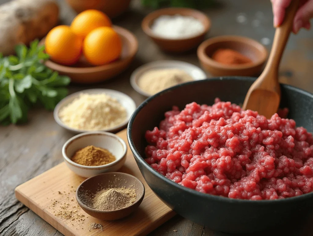 Preparing the meatloaf mixture with ground meat, breadcrumbs, eggs, and seasonings in a mixing bowl.