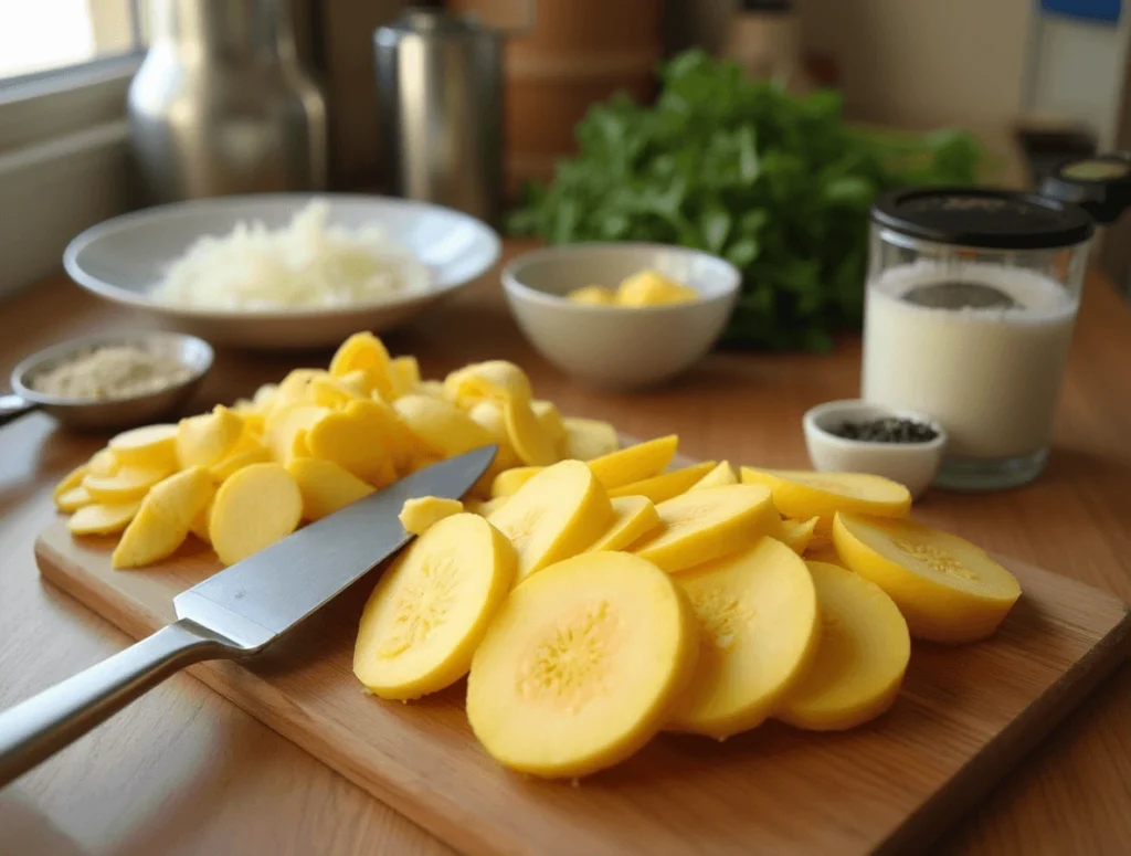 Freshly sliced yellow squash on a cutting board with a knife and small bowls of seasoning and oil nearby.