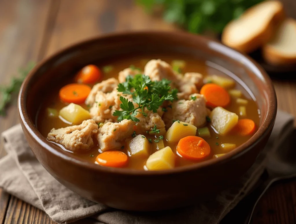 A warm bowl of rotisserie chicken soup with shredded chicken, fresh vegetables, and a sprinkle of herbs, served with a slice of bread on the side.