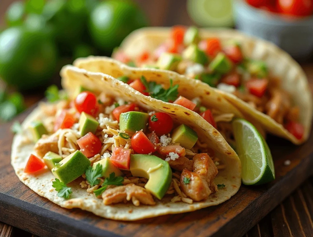 Rotisserie chicken tacos topped with fresh lettuce, tomatoes, shredded cheese, and a drizzle of creamy sauce, served with lime wedges on a rustic wooden table.