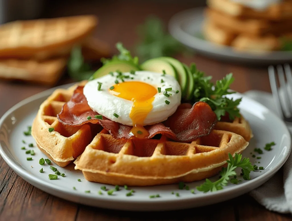 Savory frozen waffles topped with eggs, avocado, and bacon for a gourmet breakfast.