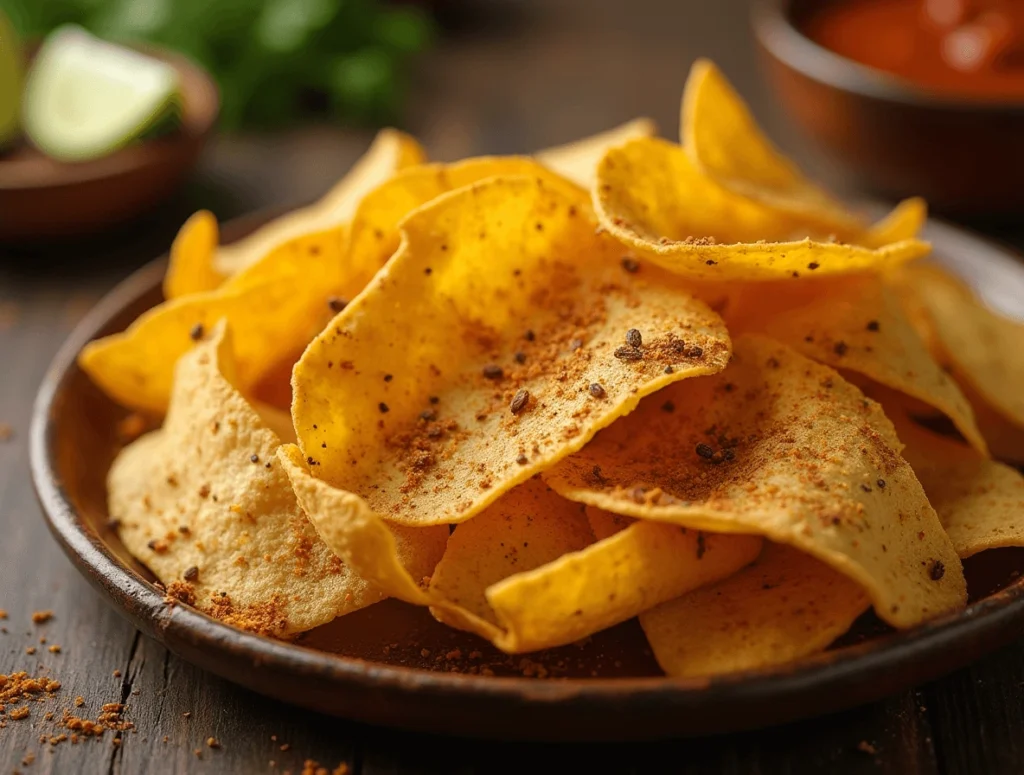 Crunchy and flavorful seasoned tortilla chips with a sprinkle of seasoning.