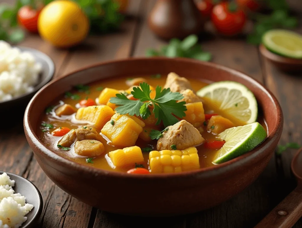 Caldo de Pollo Colombiano served in a bowl with rice, avocado, and cilantro garnish for a complete, traditional meal.