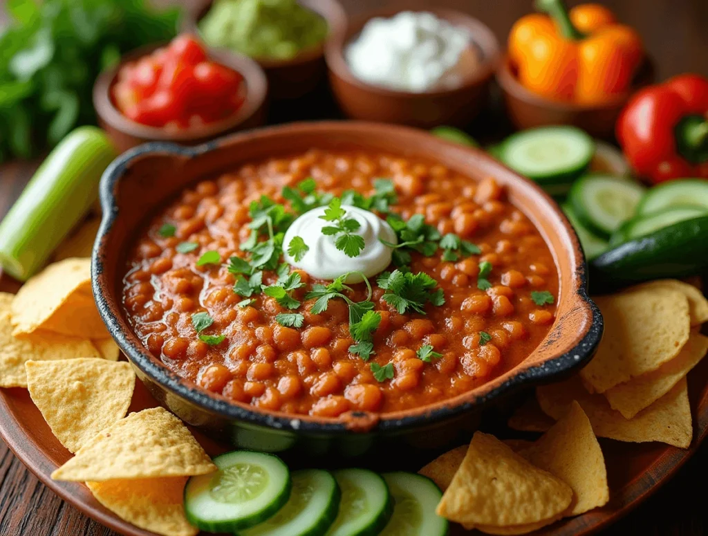 Beautifully served taco dip with refried beans, surrounded by tortilla chips, fresh veggies, and small bowls of salsa and guacamole on a wooden platter.