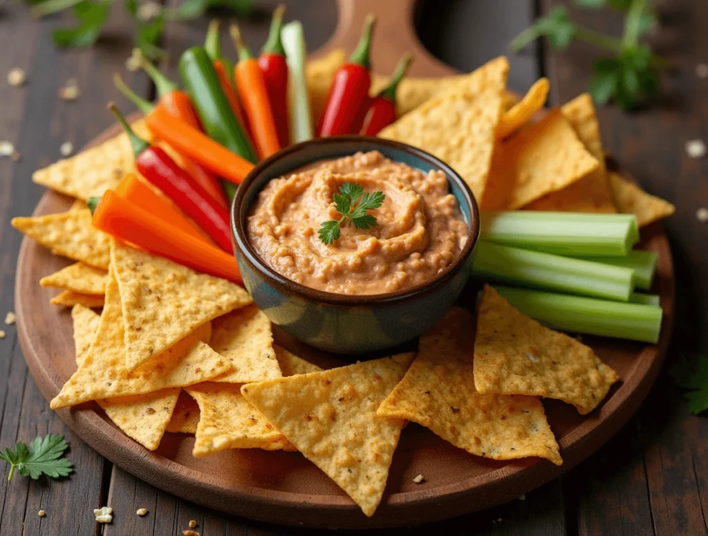 Assorted serving options for taco dip including crispy tortilla chips, colorful vegetable sticks, and artisan crackers arranged on a rustic wooden board