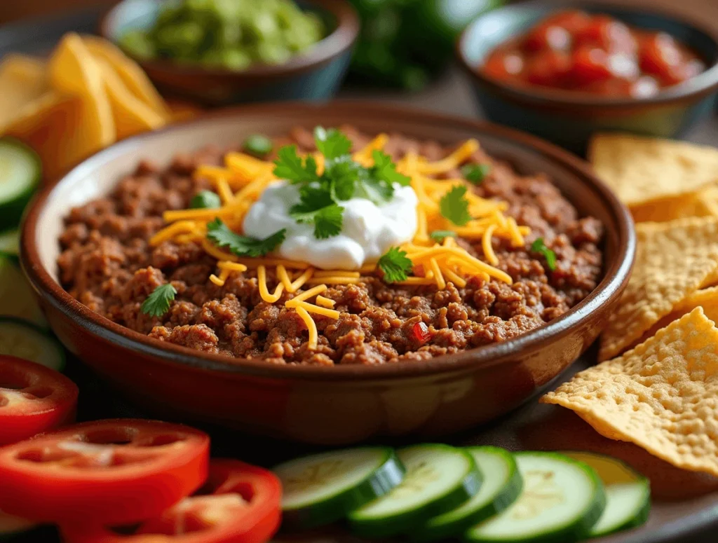 Taco dip with ground beef served with tortilla chips, fresh veggies, and bowls of salsa and guacamole.